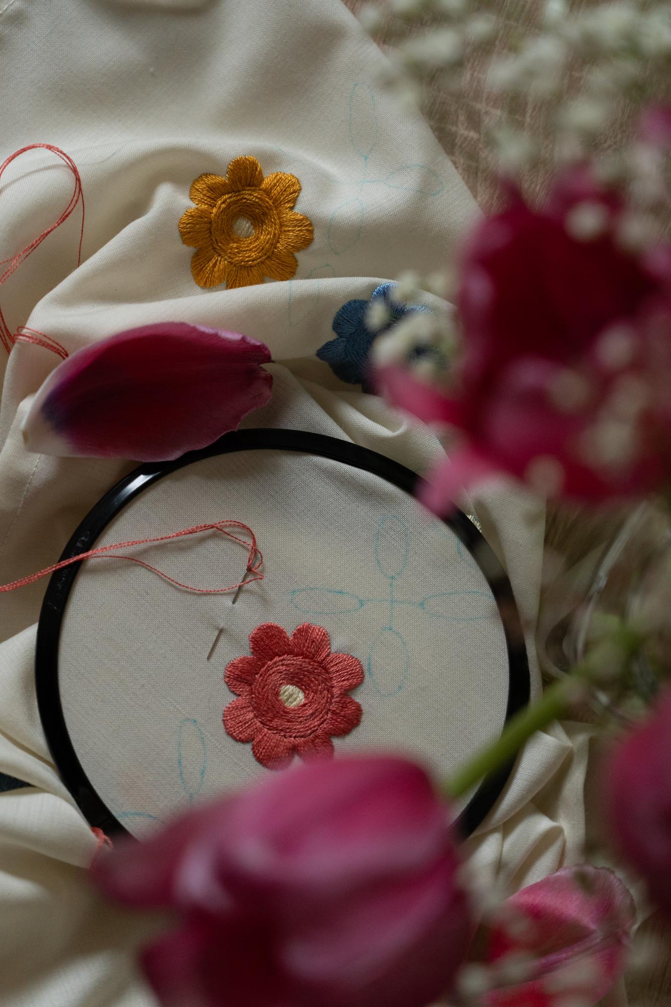 Close-up of embroidered floral pattern on linen